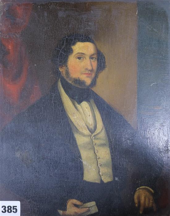 Victorian School, oil on wooden panel, half length portrait of a gentleman, 30 x 24cm, unframed